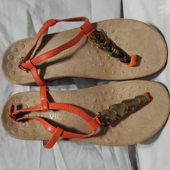 Vionic gold and orange leather stacked coin sandals Miami - Picture 1 of 5